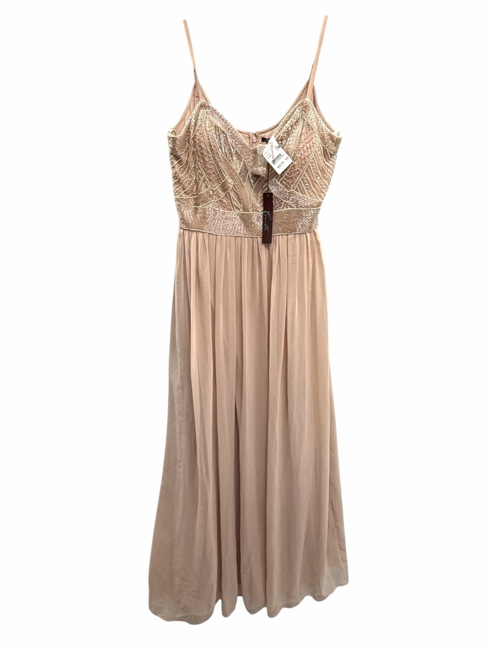 Camille La Vie Blush Pink Beaded Chiffon Formal Gown Art Deco Maxi Dress 14 XL